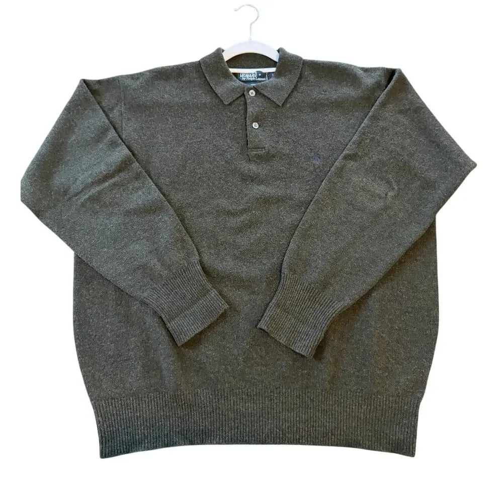 Vintage Polo Ralph Lauren Sweater Mens Large Green Lambswool Knit Collared 90s